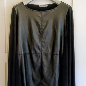 Alex Garfield Black Faux Leather Front Knit Tunic Long Sleeve Top- Size L-XL